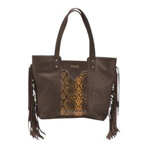 AMERICAN BISON Brown Leather Fringe Tote With Snake Embellishment